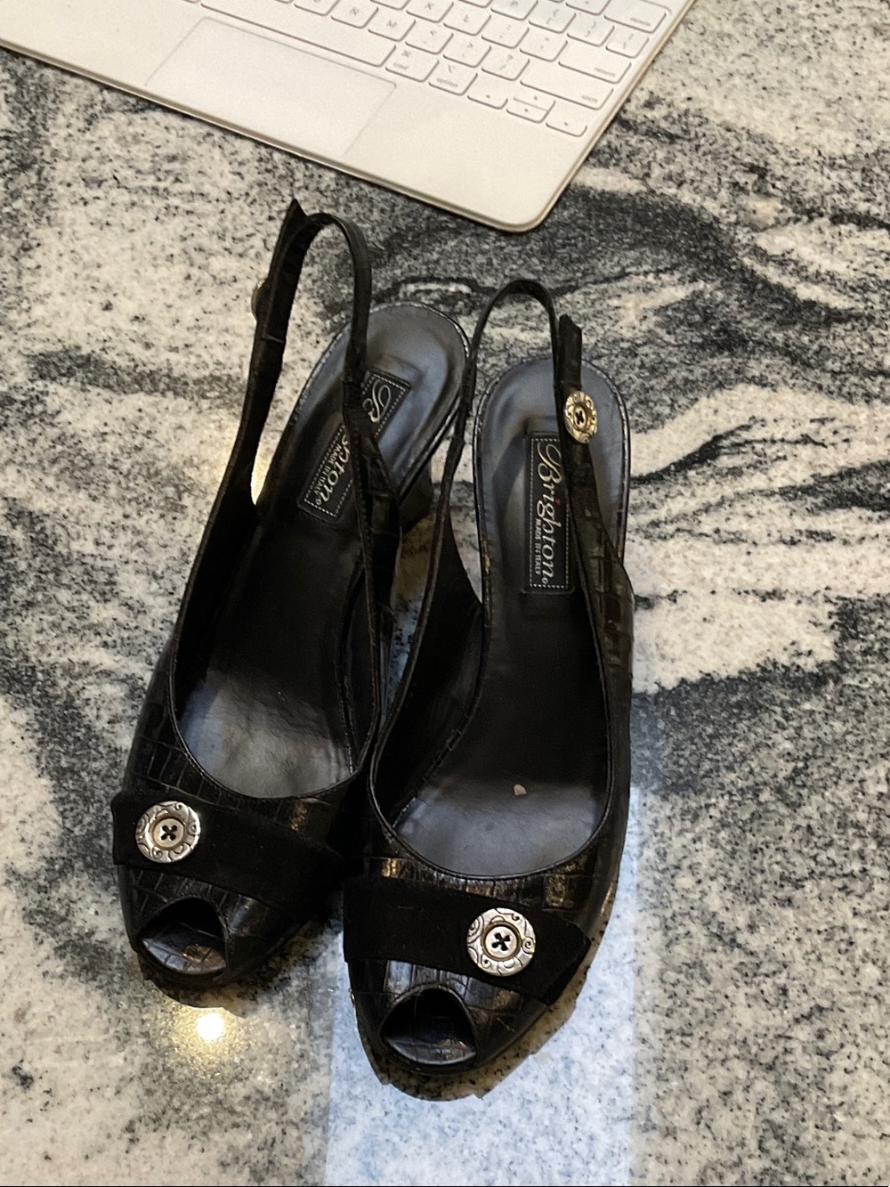 Brighton Black Peep-Toe Slingback Heels with Button Detail